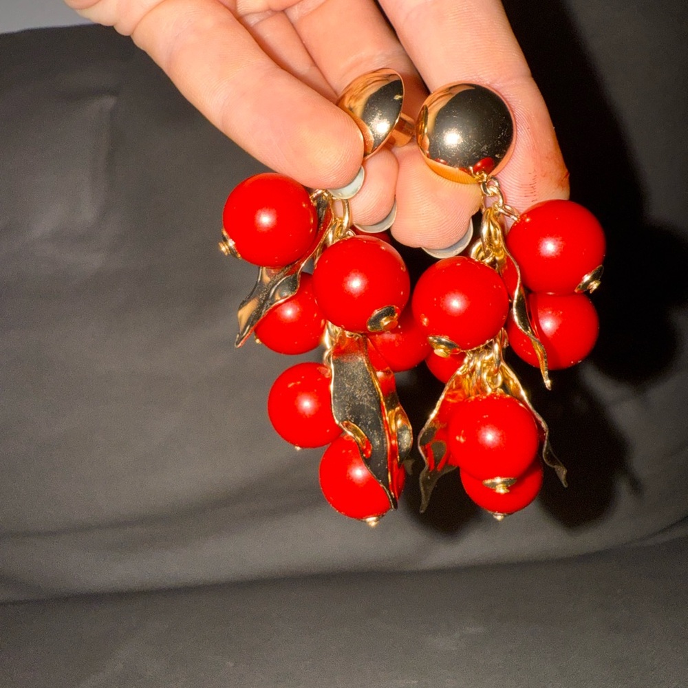 Mango Red Bead Cluster Drop Earrings with Gold Accents
